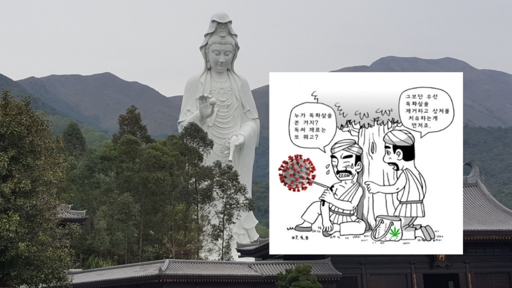 Buddha suggesting people to get treatment instead of continuously suffering to figure out the origin of covid19.