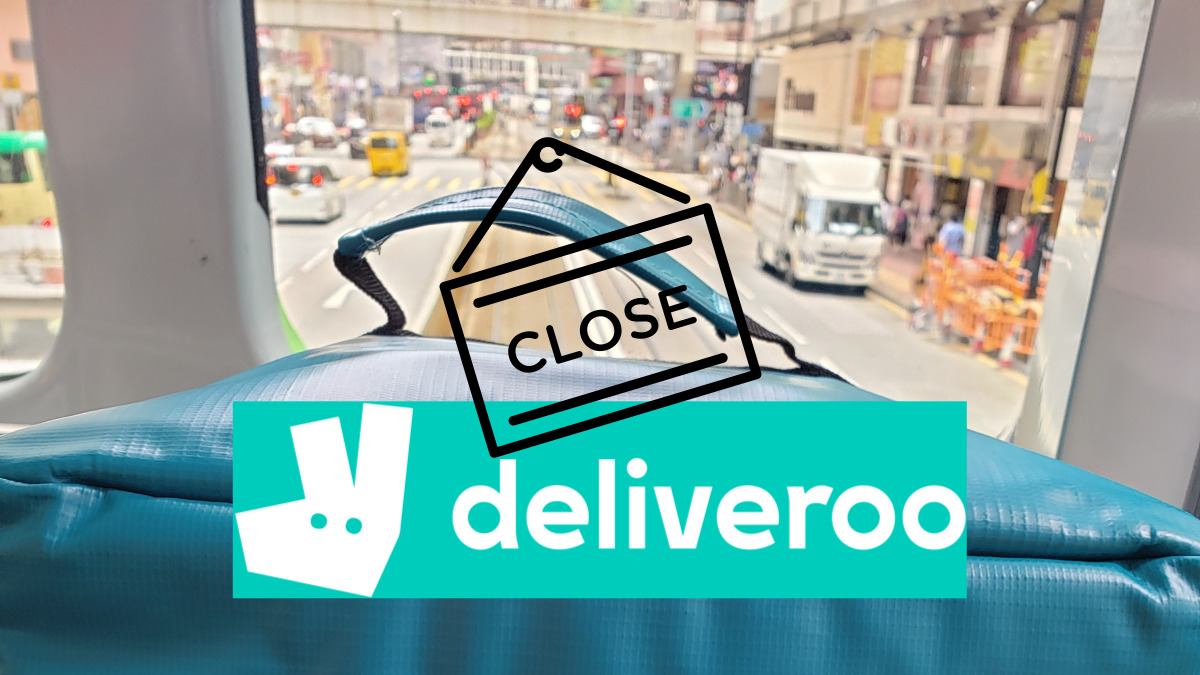 This photo of Deliveroo bag is taken in a Hong Kong Tram, and a CLOSE sign is photo edited together.