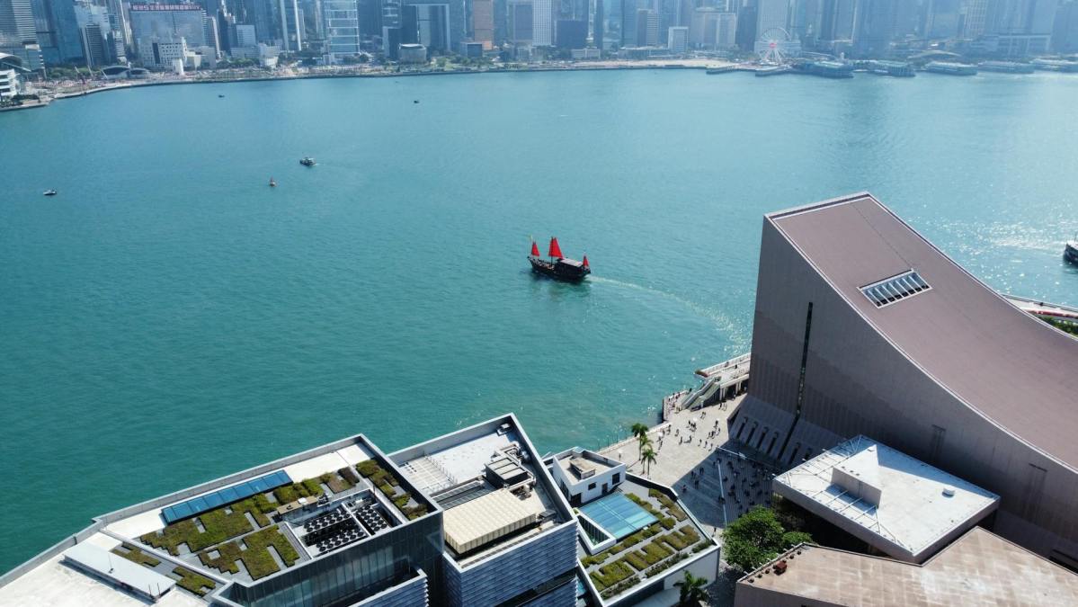 aerial view of the hongkong city harbor
