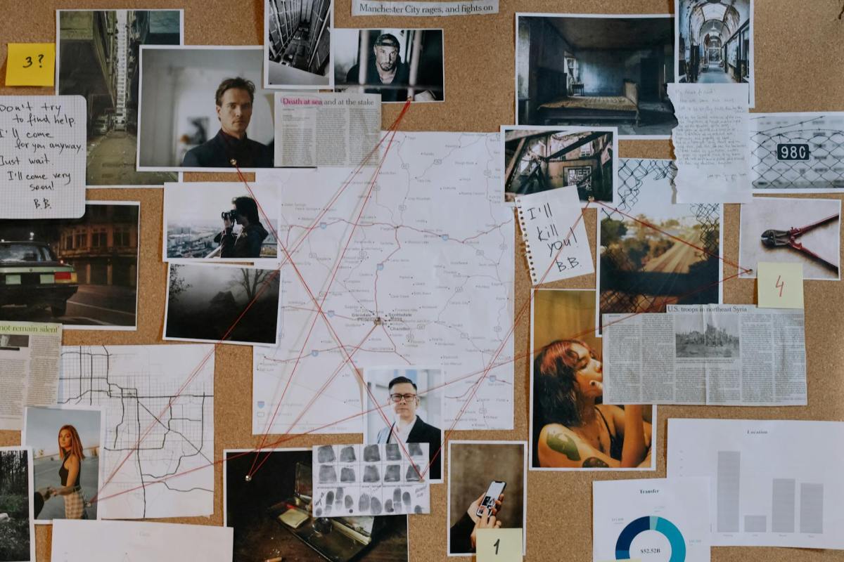 investigation board with photos maps and cutouts showing connections