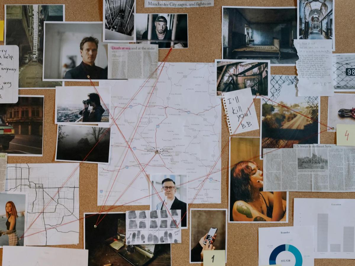investigation board with photos maps and cutouts showing connections