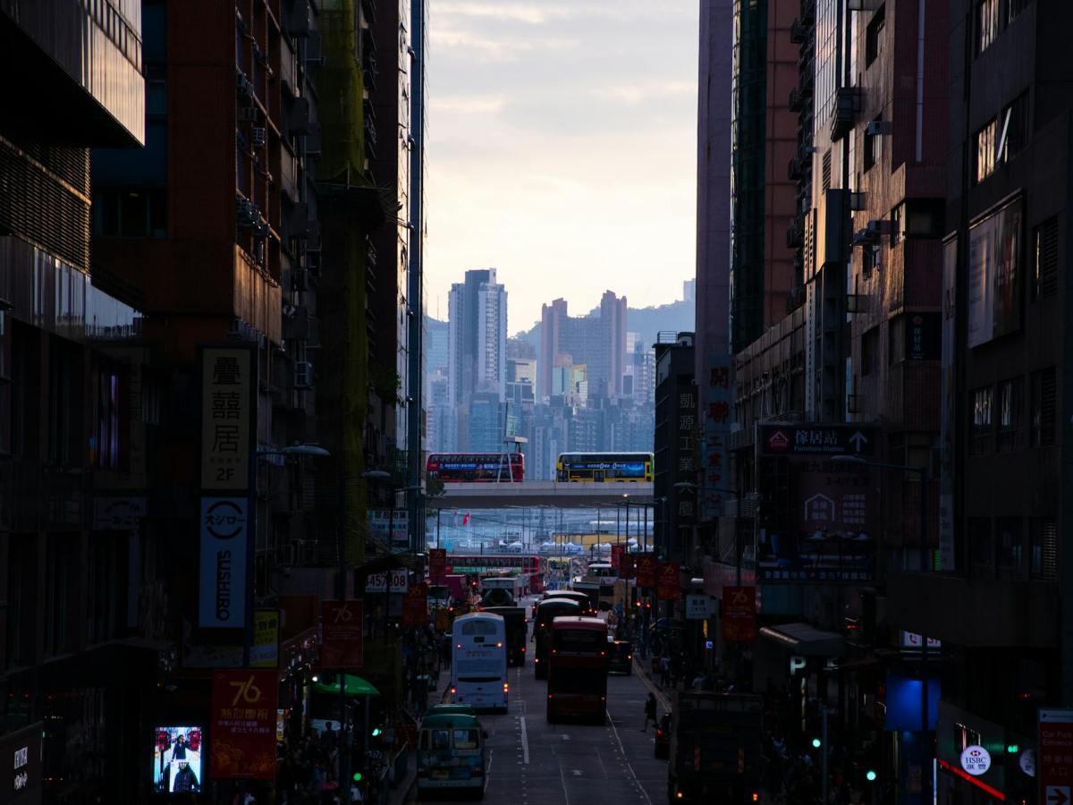bustling urban street in kowloon at twilight