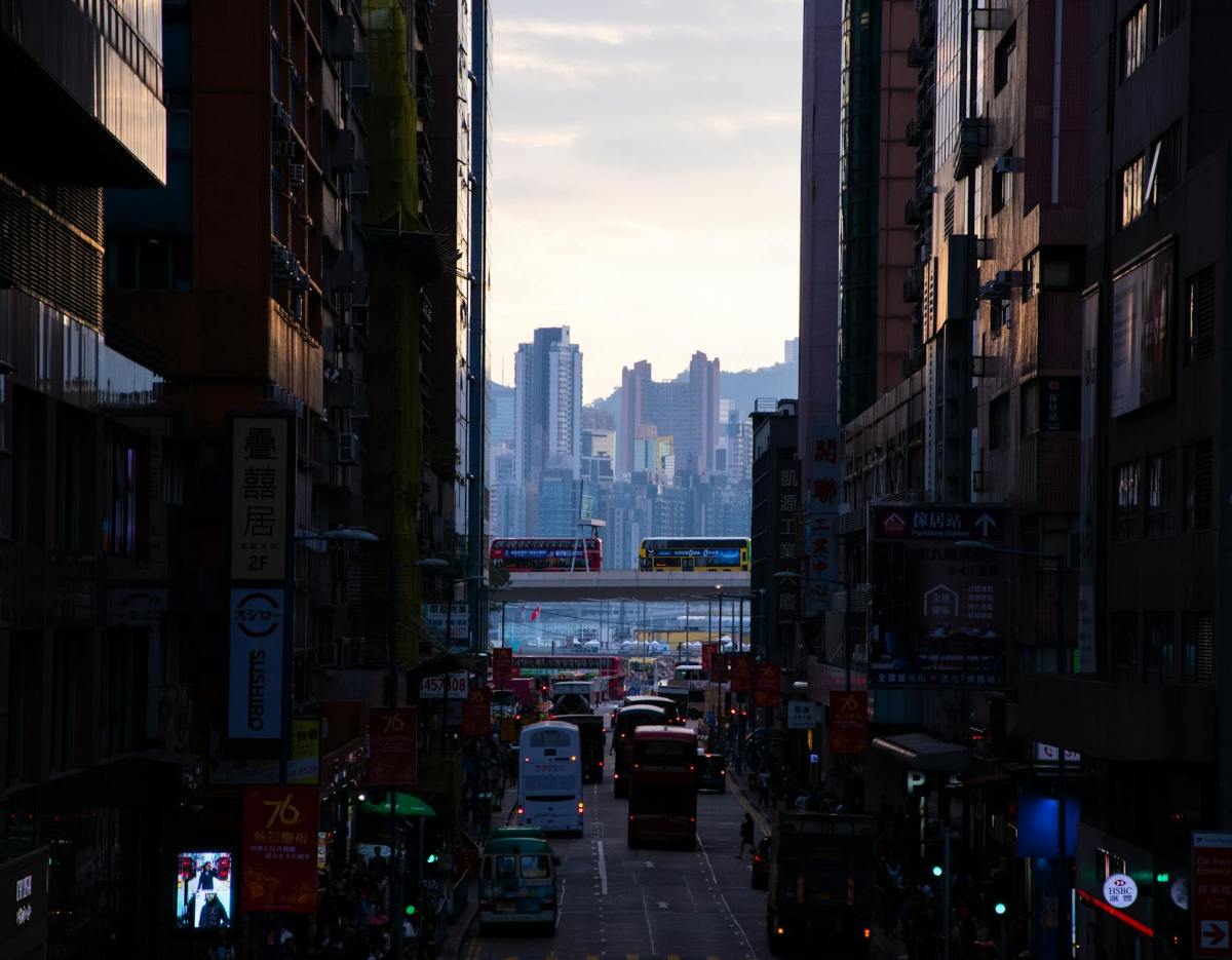bustling urban street in kowloon at twilight