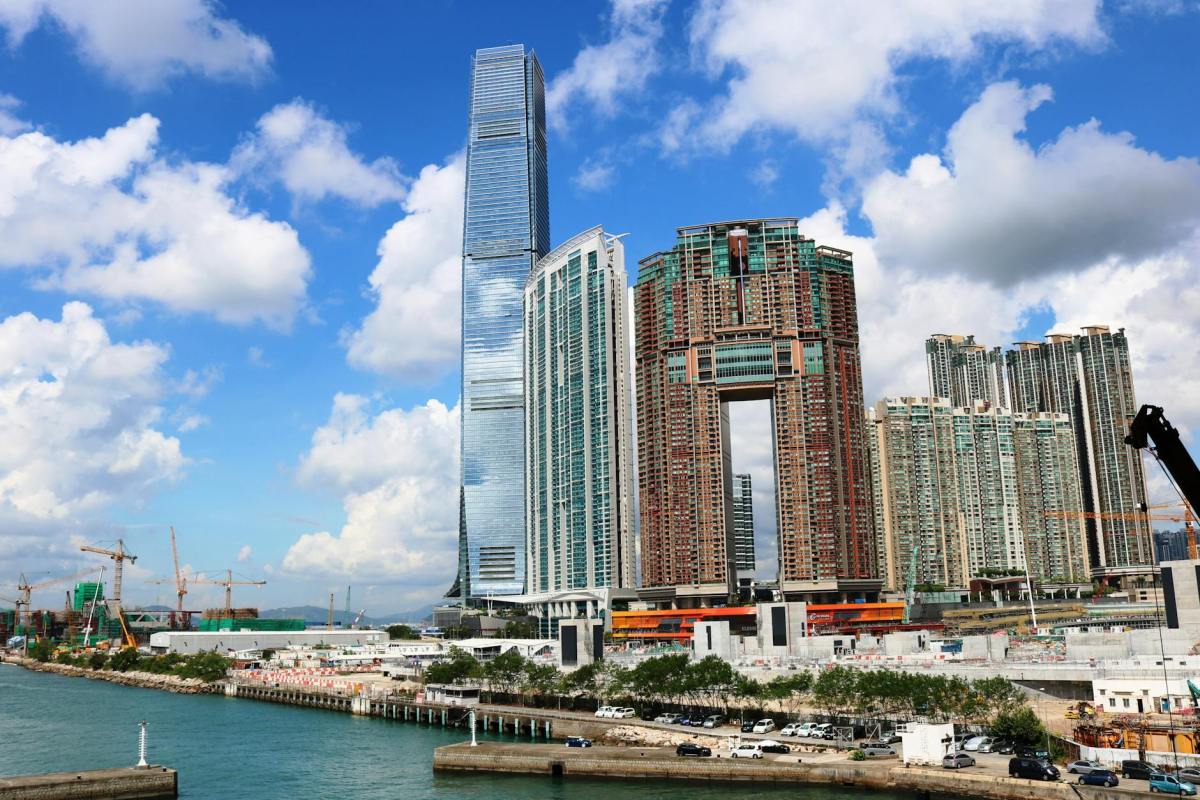 city skyline at the harbourside in hong kong