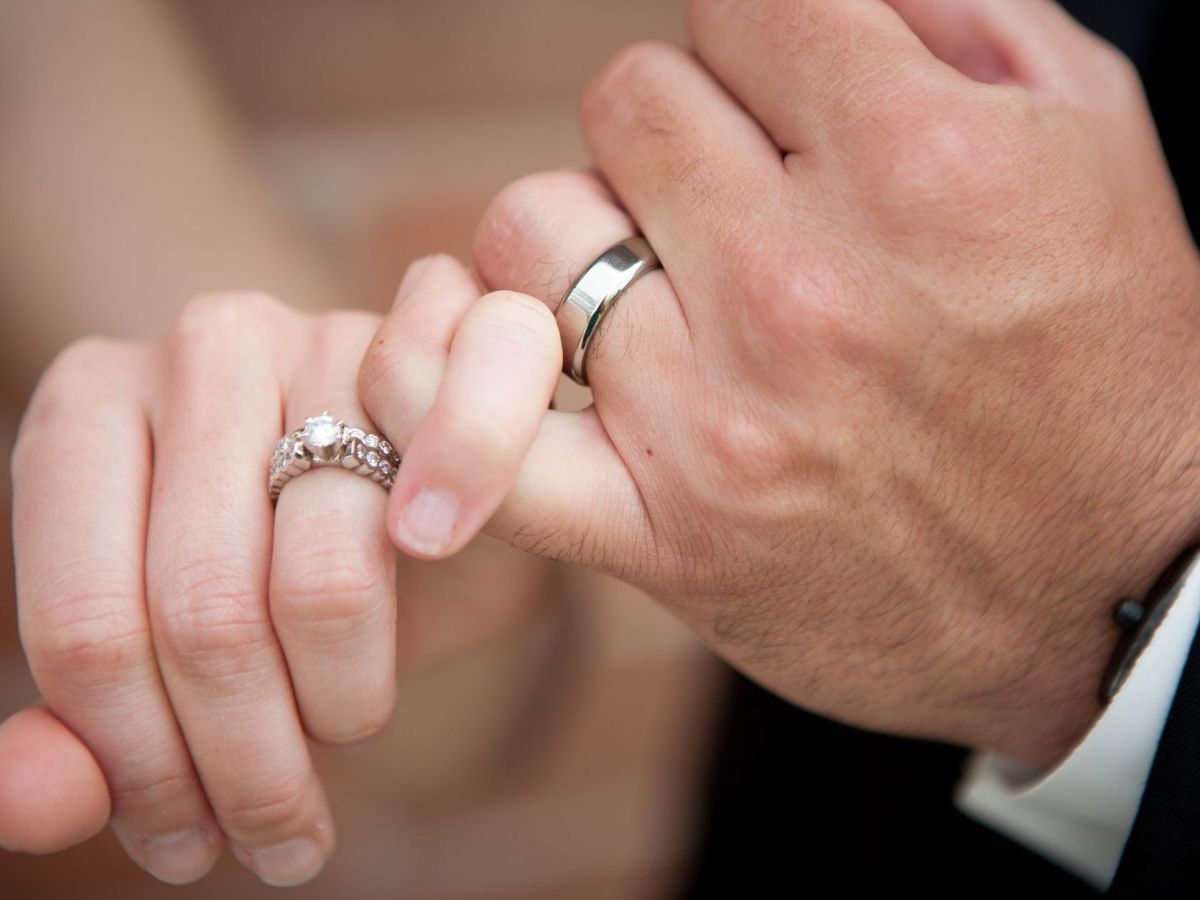 hands of a couple wearing their wedding ring