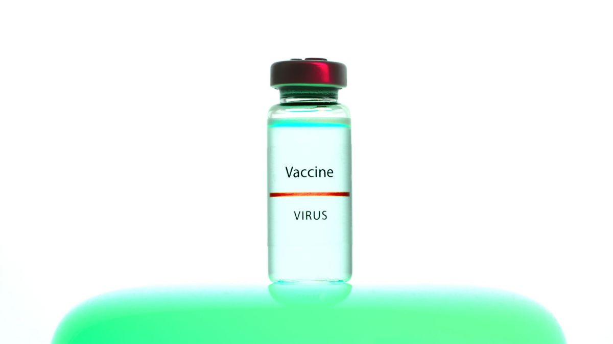 a close up view of a vaccine vial on white background